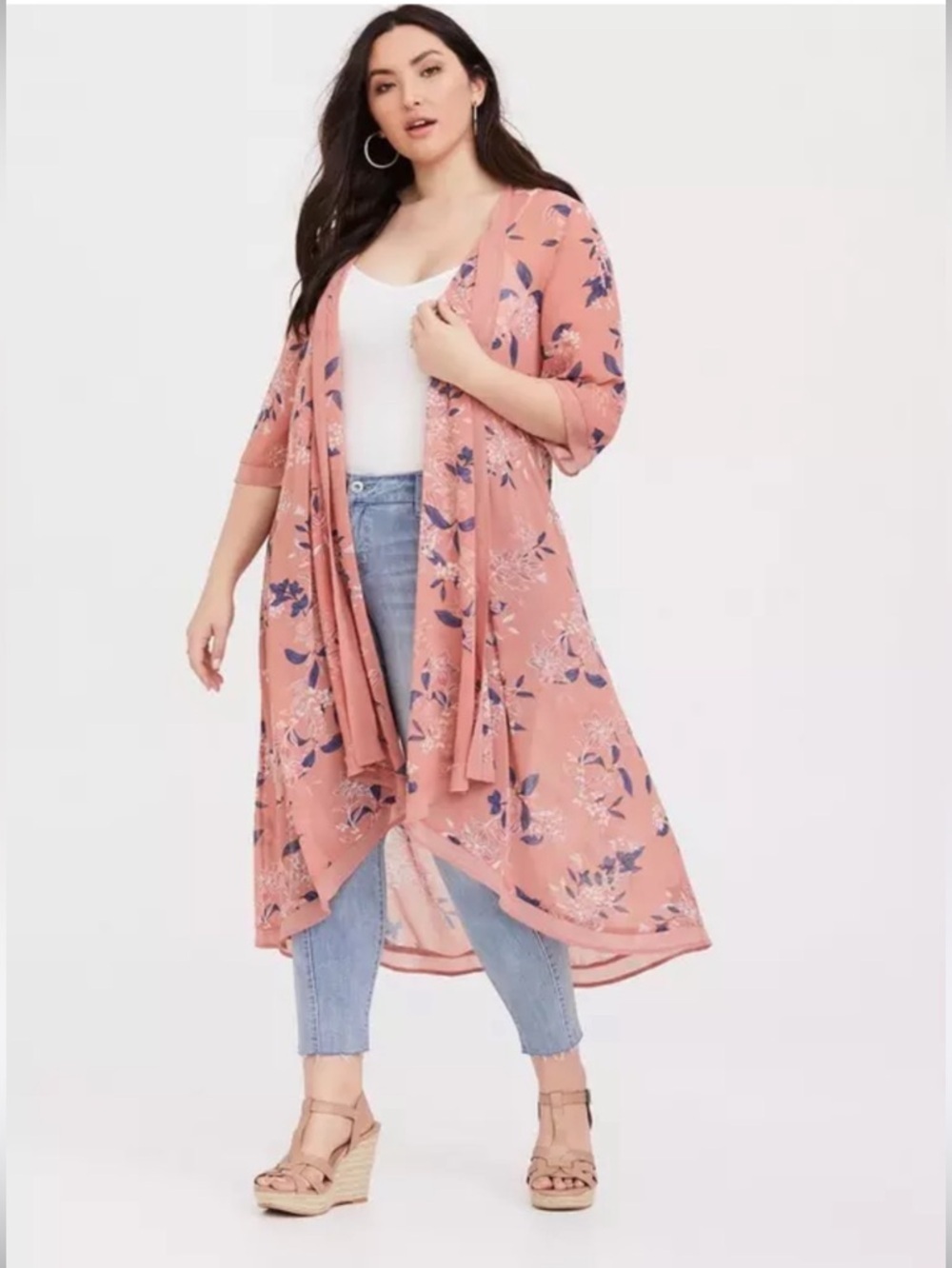 TORRID PEACH FLORAL LIGHT WEIGHT FLOWY CORAL NAVY KIMONO PLUS SIZE 0/00 10-12